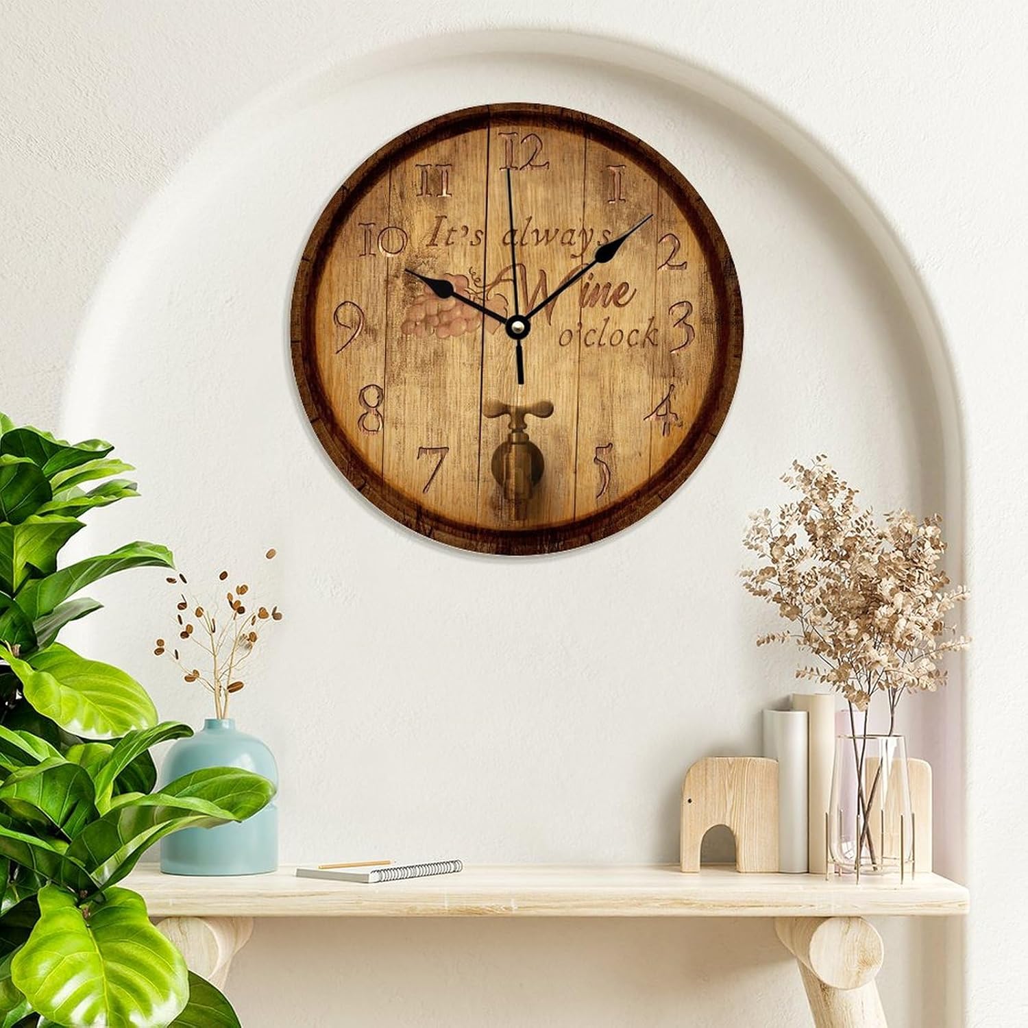 Wine Wall Clock 15x15 Inches Farmhouse Kitchen Decor Gifts Farmhouse PVC Clocks Silent Non-Ticking Battery Operated Rustic Wall Hanging Round PVC Clock for Bedroom Outdoor School