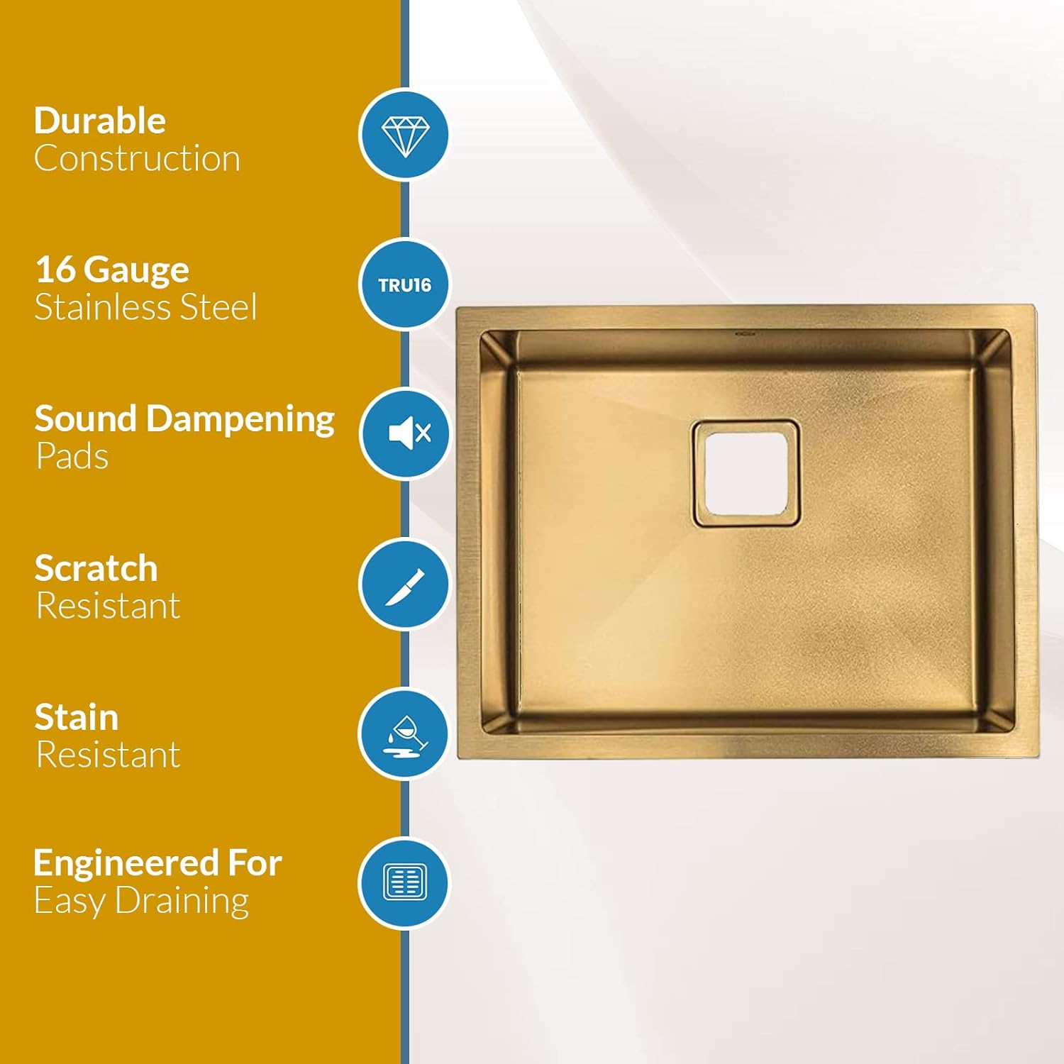 Strictly Sinks 23 Inch Undermount Kitchen Sink – Gold Single Bowl 16 Gauge Stainless Steel Bar Prep Kitchen Sink Stain Resistant – With 1 Square Disposal Adapter, 1 Strainer Drain & Bottom Grid