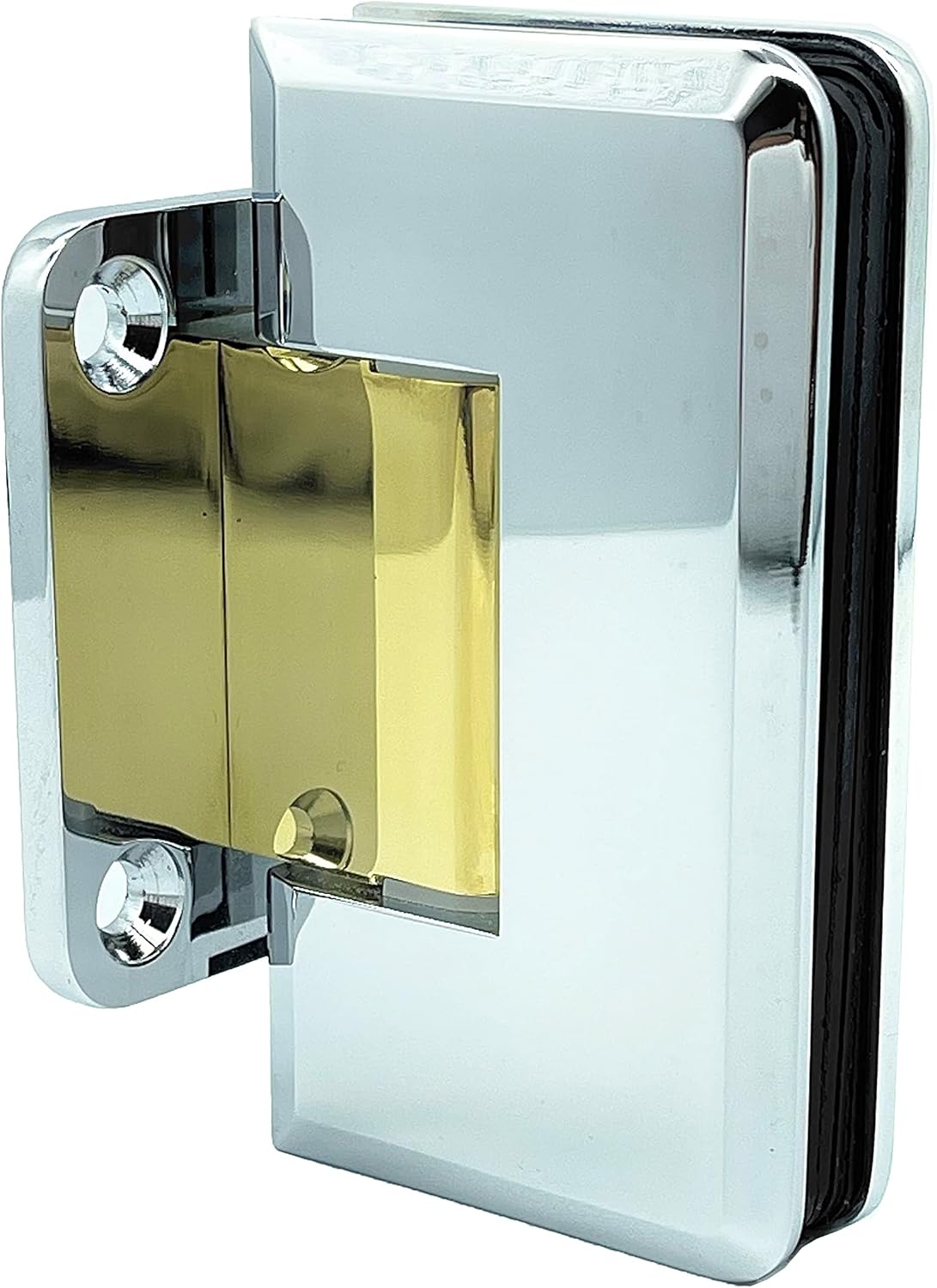 Brixwell H-MBGTWA-CB Adjustable Majestic Series Glass to Wall Mount Hinge with Short Back Plate Polished Chrome W/Brass Accents