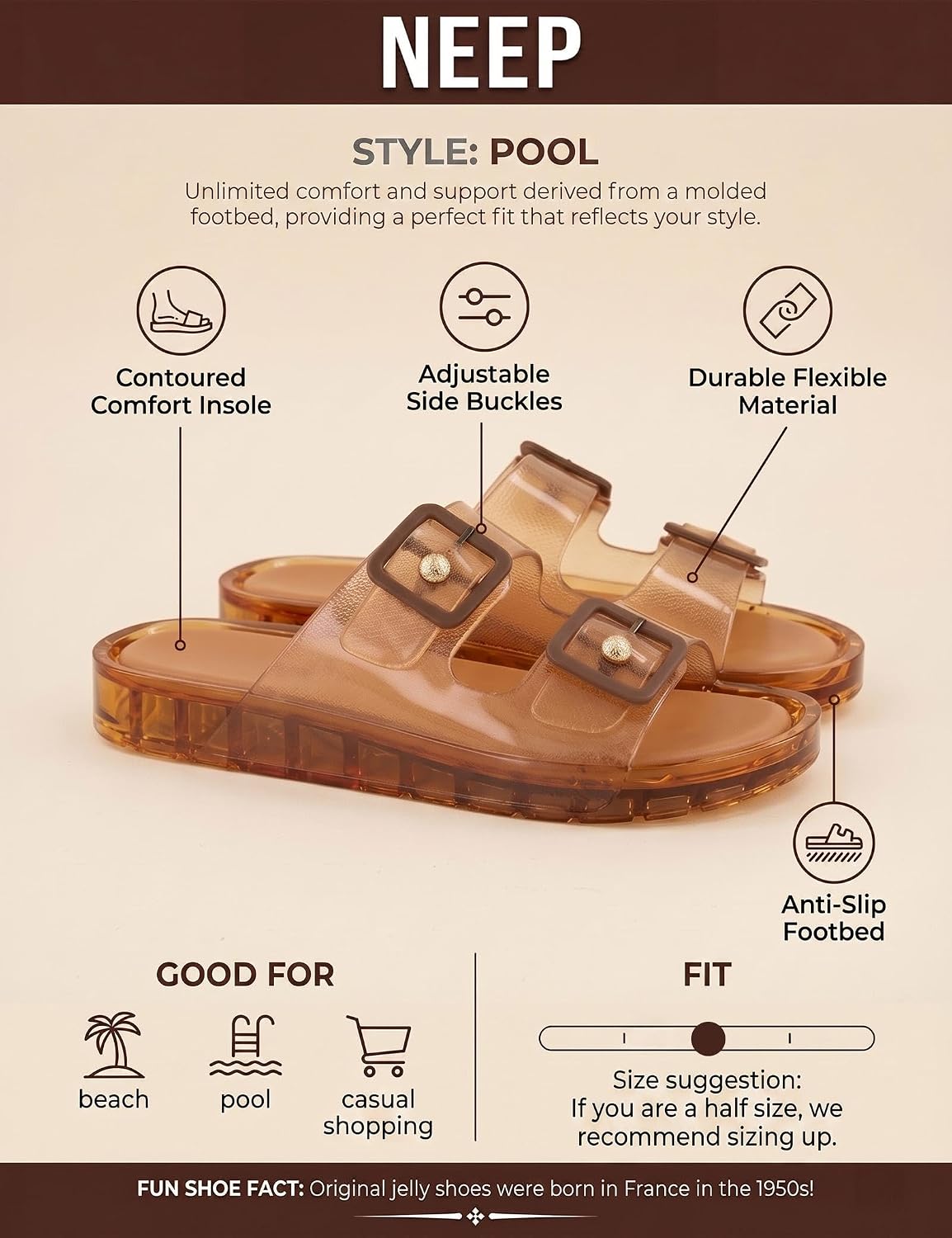 NEEP Jelly Sandals for Women Non-Slip Pool Slides Vintage Platform Double Buckle Waterproof Sandals for Summer Beach Casual
