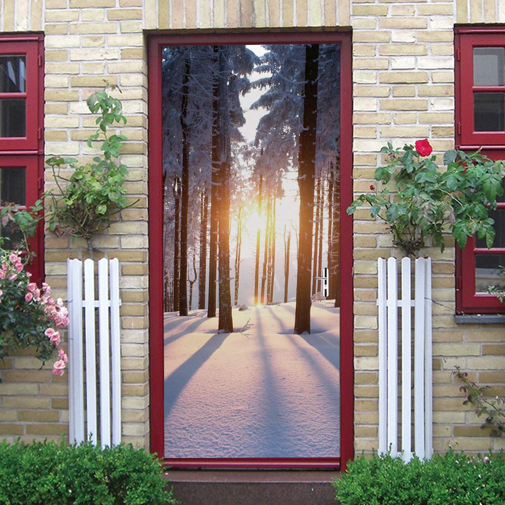 3d Stickers Porte scène de neige au coucher du soleil 3d Sticker Porte En Bois Auto-AdhéSif Mural De La Maison Stickers Muraux Chambre Salon Affiche Amovible Art Autocollants L100 x H200cm