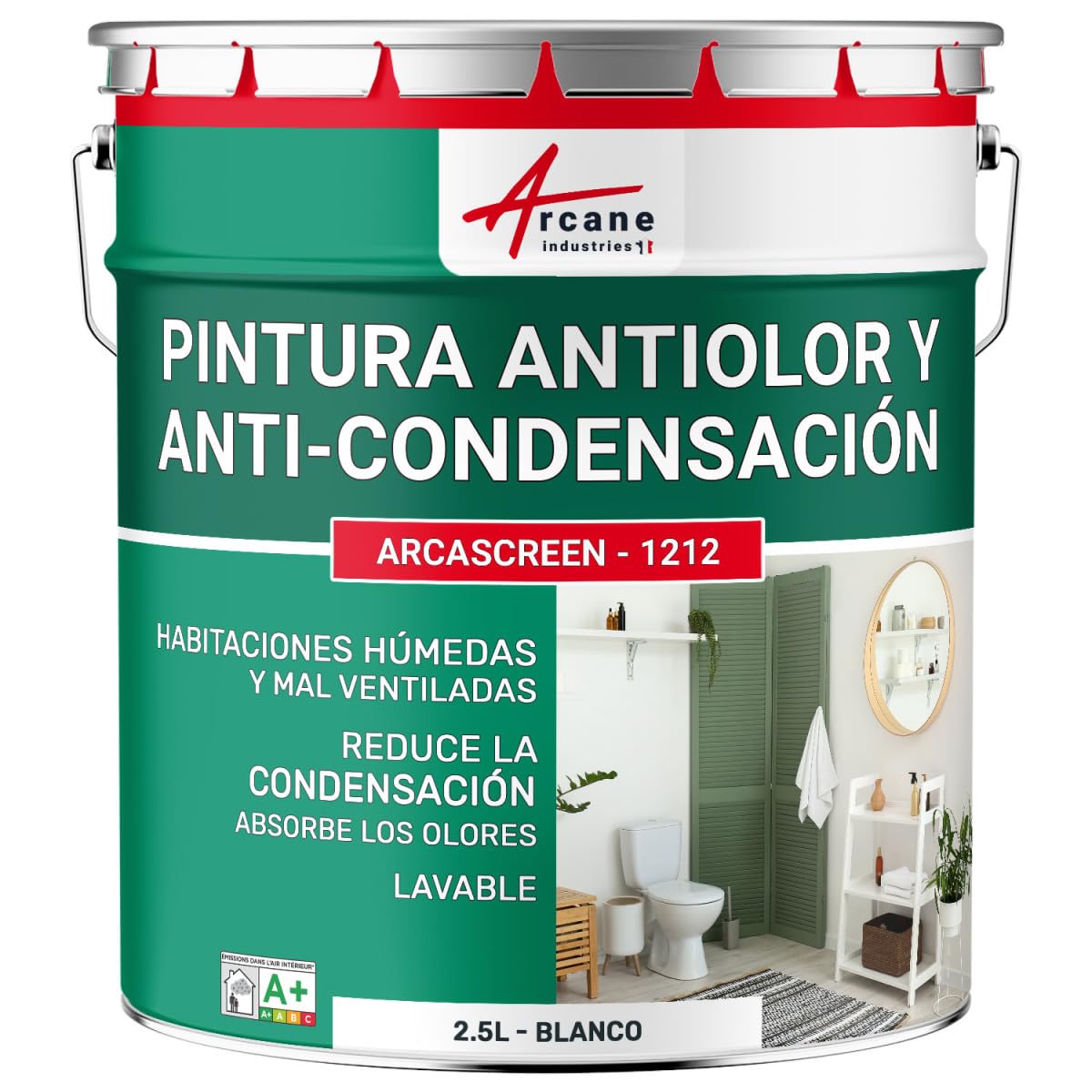 Pintura Anticondensación, Antiolor, Moho - ARCASCREEN 2,5 L Blanco | Anticondensación y Antiolor, Limita el Moho, Lavable, Paredes y Techos, Ambientes Húmedos - Arcane Industries