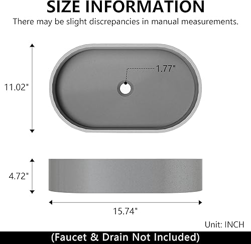 Miniatura 2 de Dolonm Fregadero de baño para baño, lavabo de baño de hormigón en gris sin grifo ni drenaje, 15 x 11 pulgadas, forma ovalada