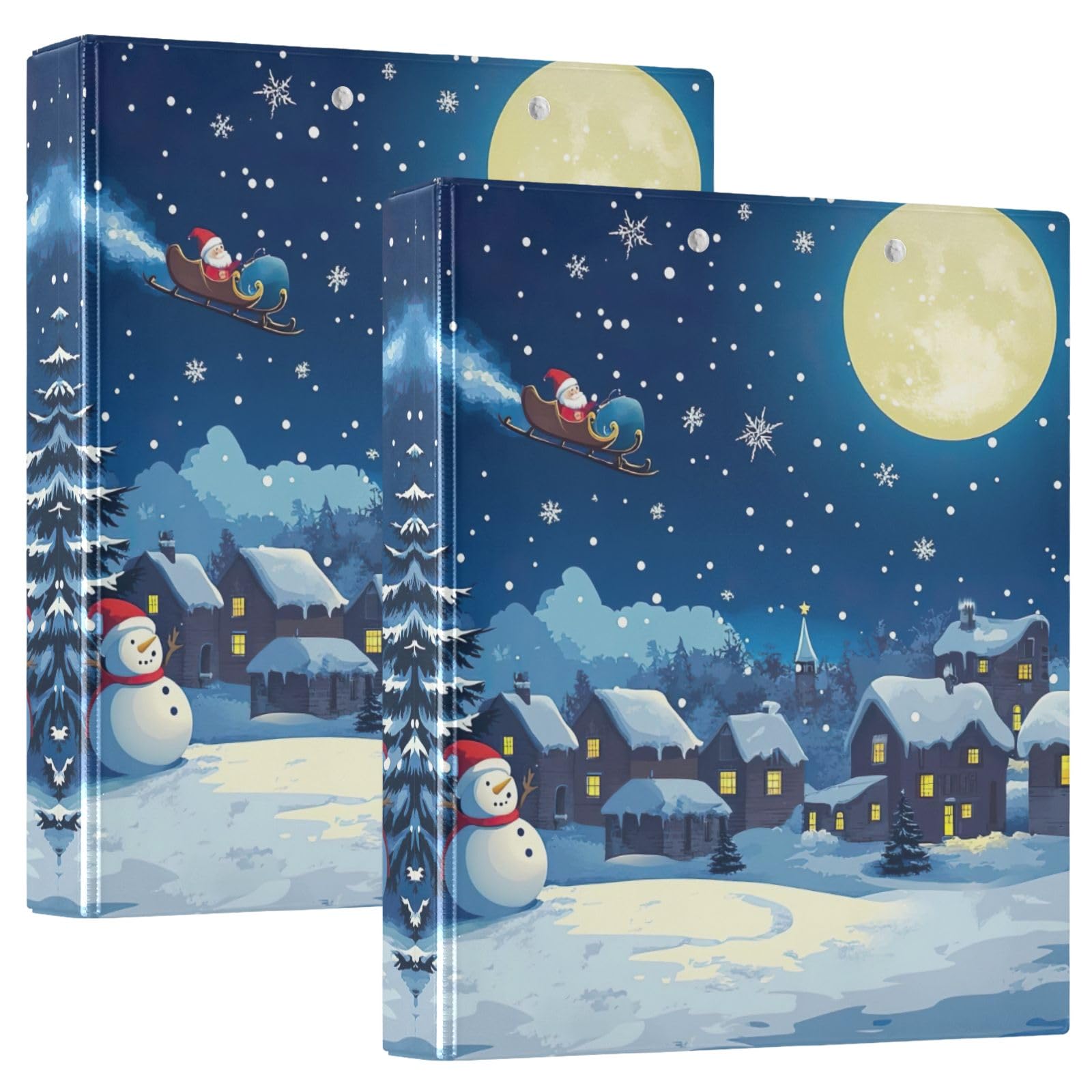 Confezione da 2 raccoglitori a 3 anelli, 3,8 cm, con scena notturna di Natale, grazioso raccoglitore decorativo con clip in metallo antiscivolo, per lavoro, scuola, ufficio