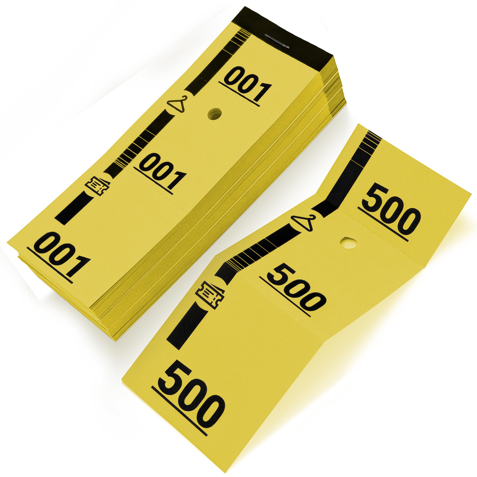 500 Yellow Cloakroom Tickets, Numbered from 1 to 500, Perforated and Detachable in Three Parts, Ideal for Reception Gala