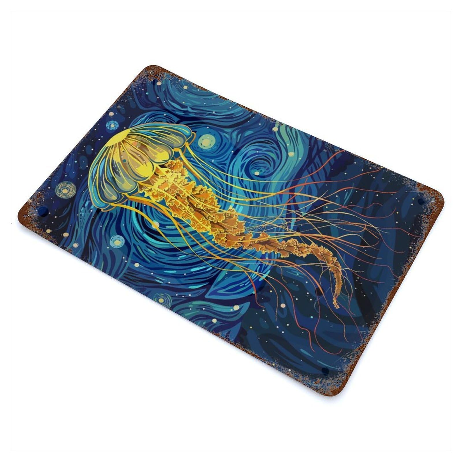 Retro Metal Sign with Jellyfish in Starry Night Style Design 11.8"x7.9", for Living Room, Hallway And Home Decor, Farmhouse Wall Decor
