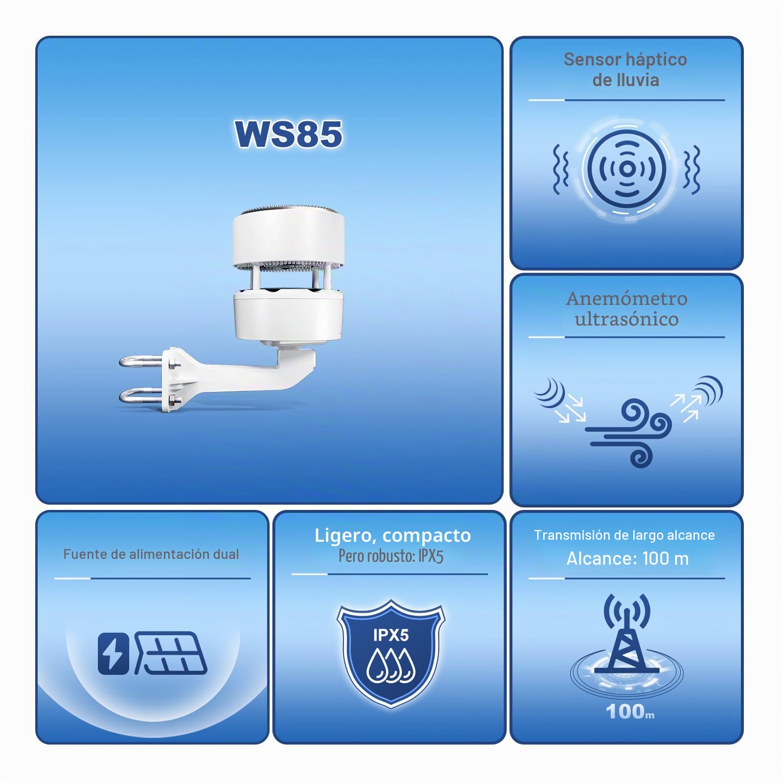 ECOWITT WS85 Sensor meteo para estaciones/consola WS3800/WS3900/HP2560, unidad jardín al aire libre con panel solar, medidor lluvia, sensores