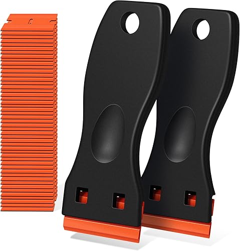 Raspador de hoja de afeitar de plástico, paquete de 2 raspadores de afeitar con 120 cuchillas de afeitar para quitar pegamento, calcomanías,