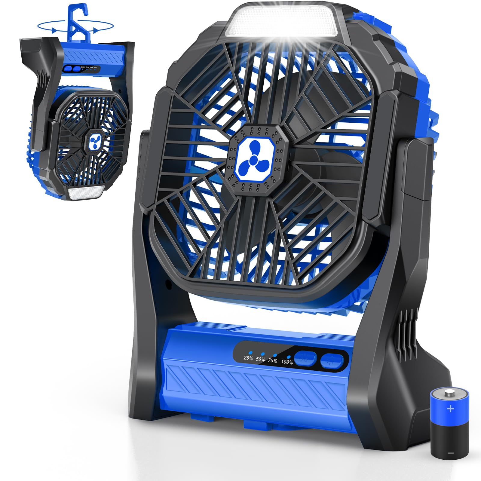 PDBEST Batteriebetriebener Ventilator 20000mAh Kabellos, Wiederaufladbarer Tragbarer Ventilator mit LED-Laterne, USB-C-Akku Tischventilator, Campingventilator für Reisen Strand Blue
