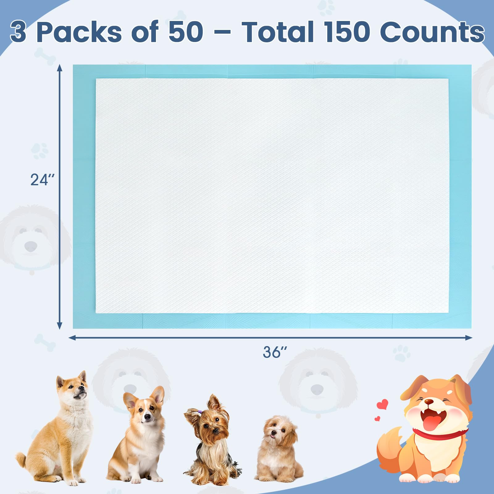 FANTASK Matten für Hunde, 150 Stück Trainingspads, Auslaufsicheres 6-lagiges Design, Hygieneunterlagen Einwegpads, schnelltrocknend, Welpen Unterlagen (90 x 60 cm), Blau+weiß