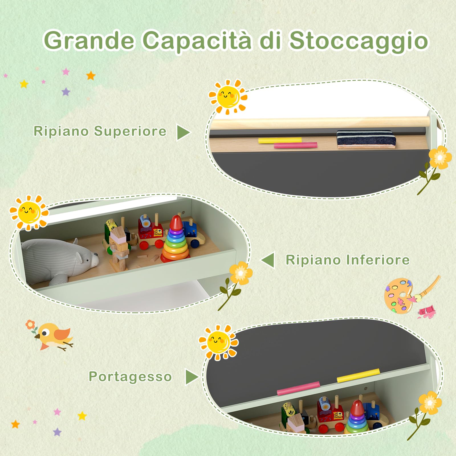 RELAX4LIFE 2 in 1 Lavagna per Bambini Bifacciale, Set di Cavalletto Artistico a Forma di Albero con Sgabello, Rotolo di Carta, Scaffale di Stoccaggio, 68 x 60 x 80 cm, per Bambini 3+ Anni