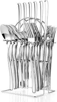 24 Pieces Flatware Set, Stainless Steel Cutlery Set with Silverware Holder, Spoons Forks Knives Set,Hanging Silverware Set Service for 6,Dishwasher Safe Silver