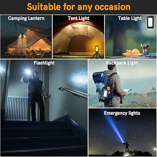 Miniatura 5 de Luz de camping telescópica portátil con soporte, luz de trabajo recargable, 14000 mAh, regulable, 4 cabezales LED, 6000 linternas, IPX5,