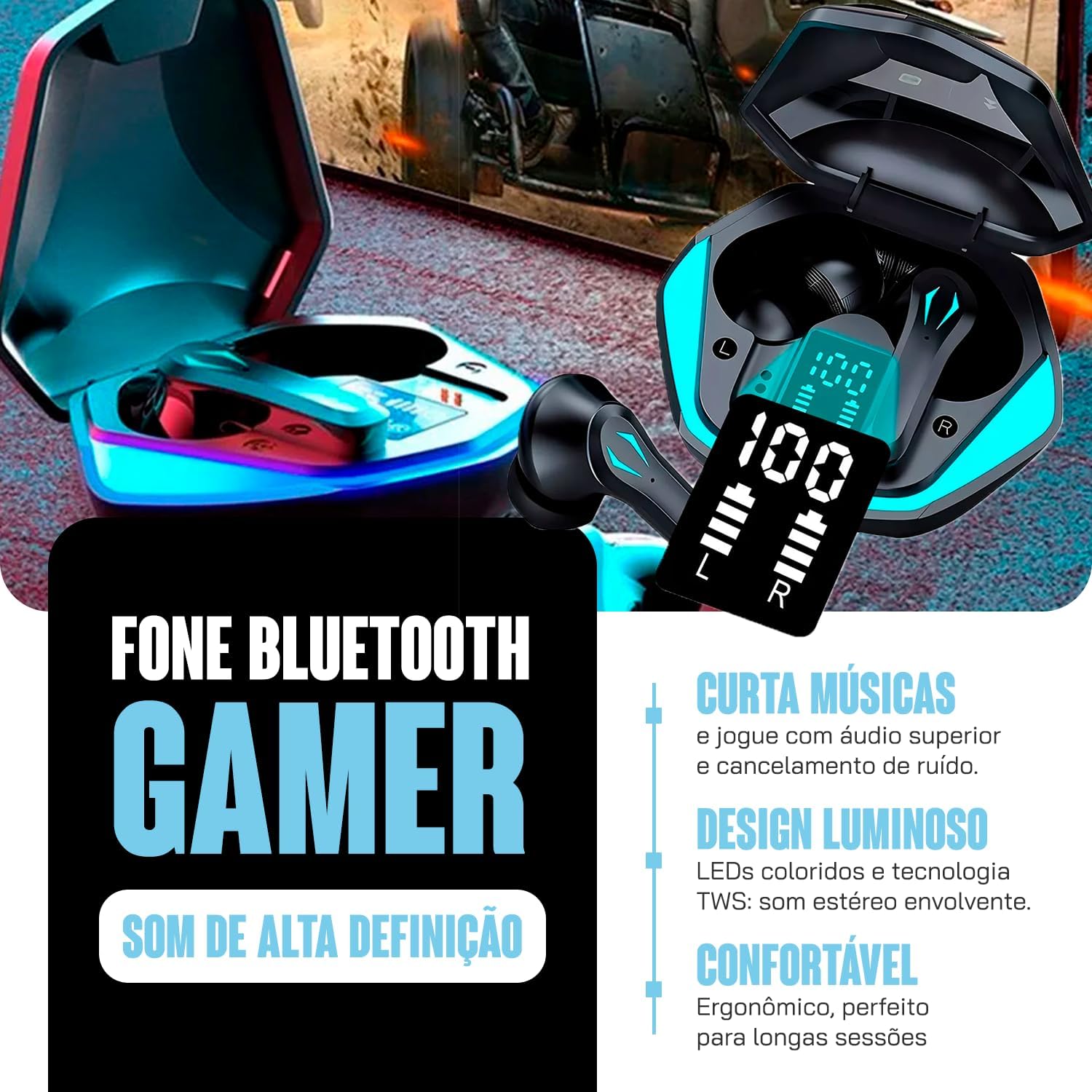 Fone de Ouvido Bluetooth Gamer TWS com LED e Microfone – Sem Fio, Esportivo, Compatível com Celulares Android e iOS – Ideal para Academia e Caminhada (PRETO)