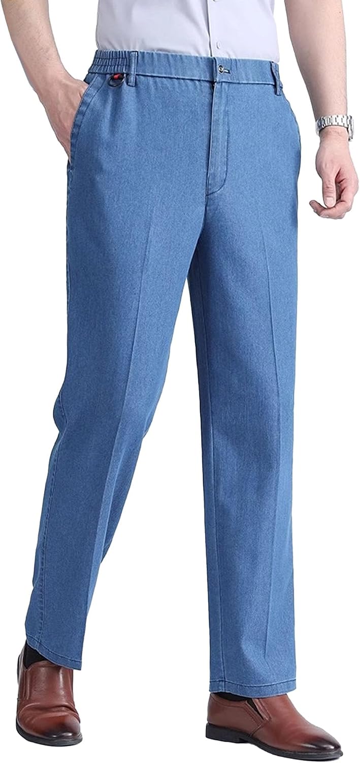 DGHM-JLMY Men's Plus Size Lightweight Jeans with Elastic Waist Loose Straight Leg Denim Pants Summer Casual Business Pants