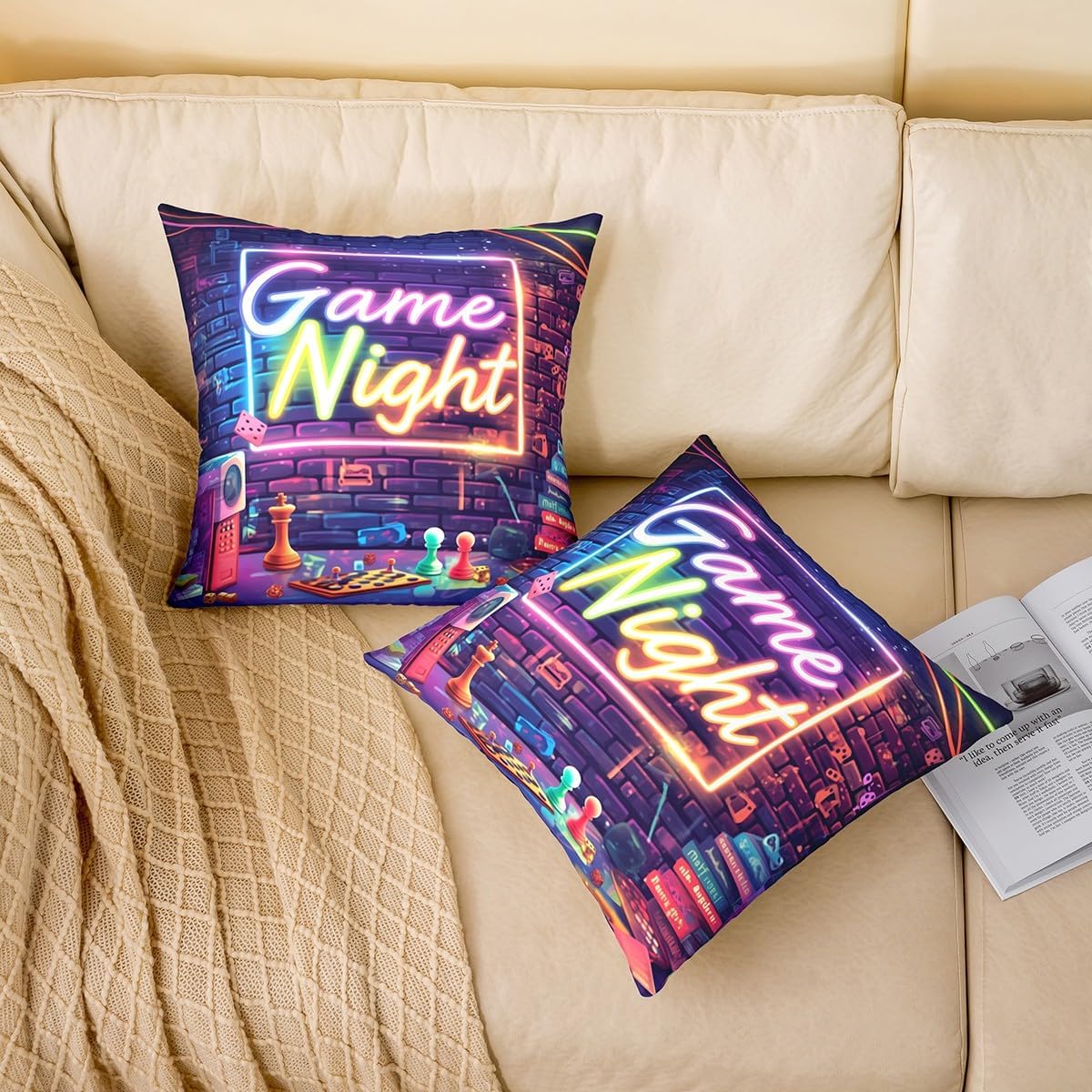 Colorful Game Night Pillow Cover 20x20 Inch Cartoon Chinese Chess Game Theme Cushion Case for Kids Boys Teens Street Art Patchwork Grid Decor Hippie Cushion Cover for Living Room image 2