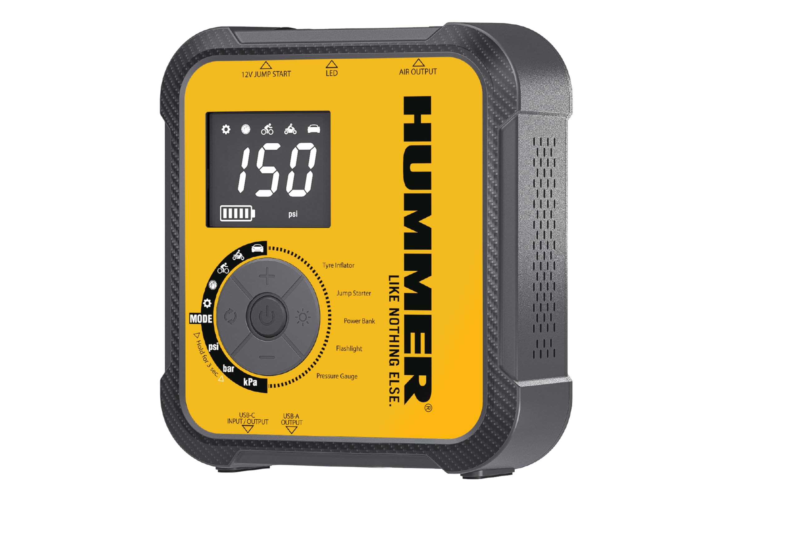 Hummer H10T Arrancador Multifuncional 10000mAh con Compresor 150 PSI, Jump Starter 2000A para Motores Gasolina 8.0L y Diésel 7.0L, Inflador Inalámbrico, Power Bank USB-C PD 30W y USB-A QC 18W