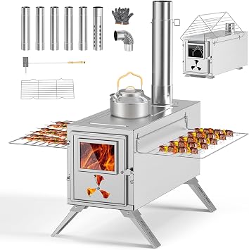 MOPHOTO Camping Wood Stove, Hot Tent Stove with 7 Chimney Pipes-38x20x22cm