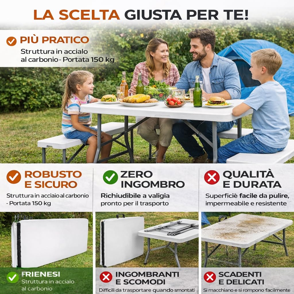 Tavolo Pieghevole Richiudibile a Valigia 181x74x74 cm - Struttura Acciaio, Piano HDPE Impermeabile, Portata 150 kg, Maniglia Trasporto, Piedini Antiscivolo - Tavolo Salvaspazio per Casa, Giardino