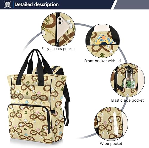 Miniatura 2 de Diaper Bag Backpack, Cream and Green Floral Shamrock Pattern, 15L Capacity Nylon Tote with Multiple Pockets, Stroller Clips, 11.02x5.91x15.3 Inches
