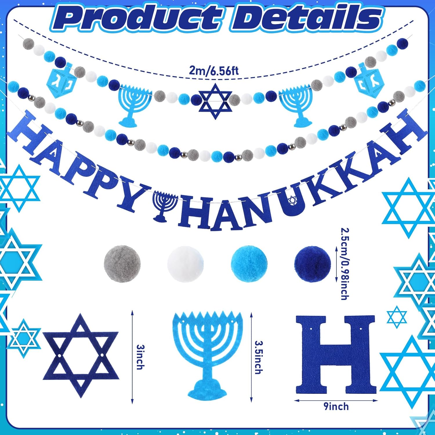 Sumind 3 Pcs Hanukkah Garland Decoration Chanukah Felt Ball Pom Garlands Blue White Hanging Ornament Kit for Hanukkah Holiday and Home Wall Decor Party Supplies