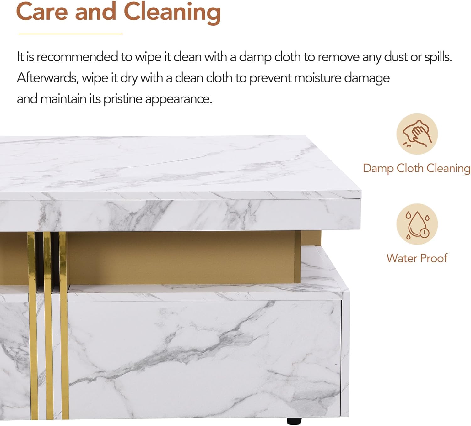 Graphic showing care instructions for the coffee table: 'Damp Cloth Cleaning' and 'Water Proof' icons.