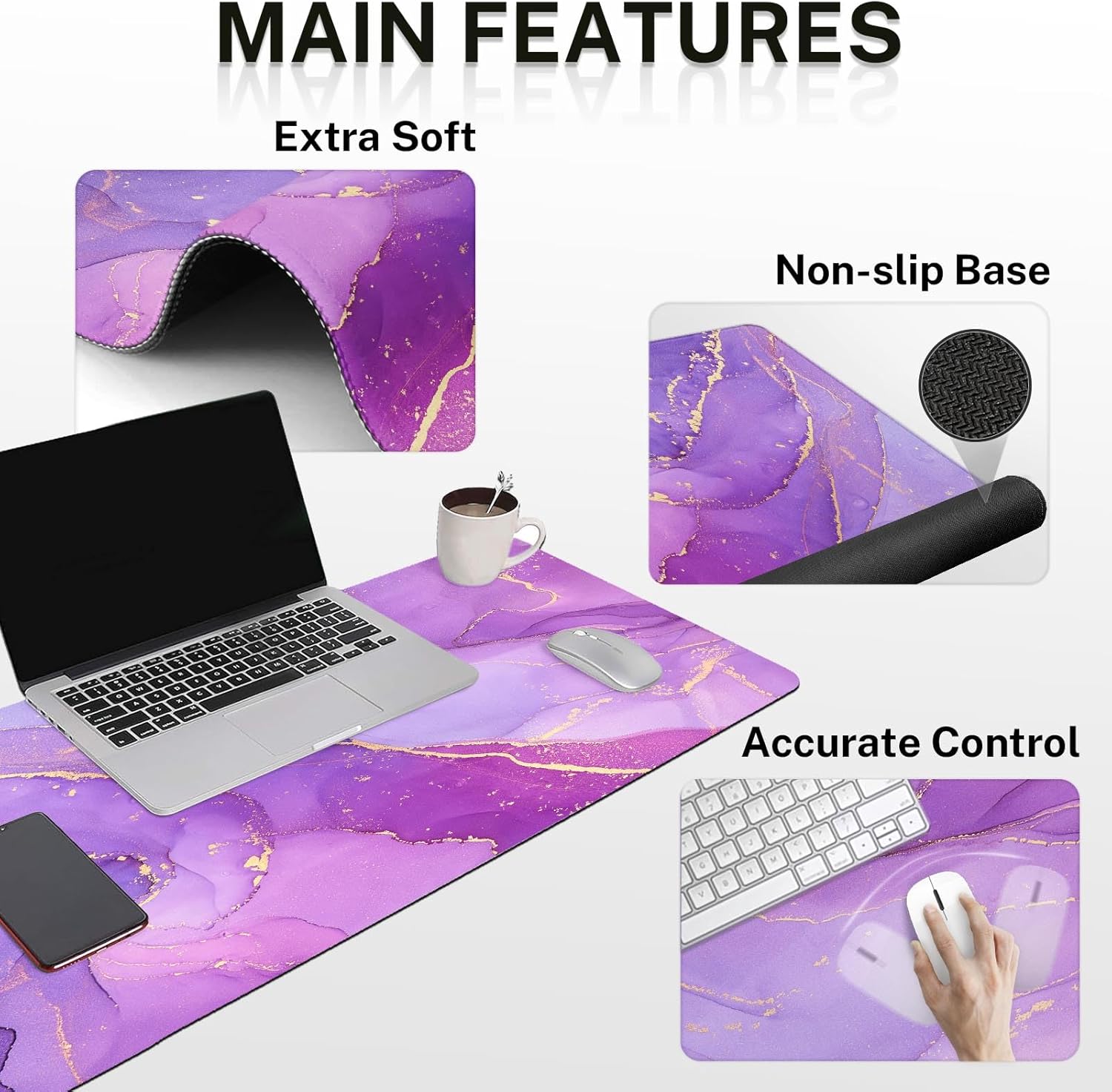 Desk Mat, Painting Golden Purple Marble Mouse Pad Set 4-in-1 Large Mousepad+Keyboard Wrist Rest+Mouse Wrist Rest+Coaster with Ergonomic Design, Non-Slip Mat