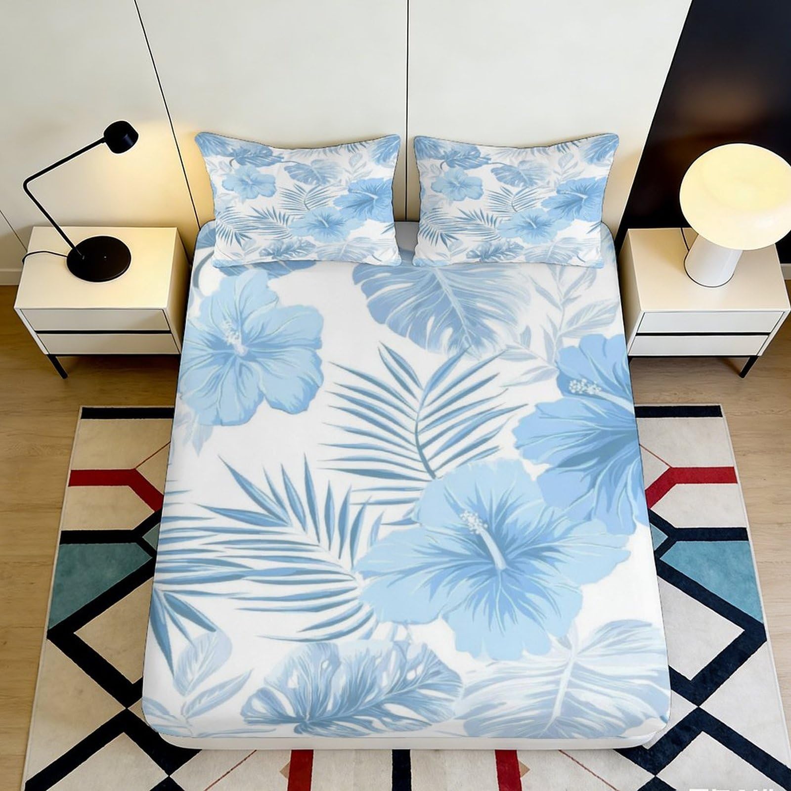 3D Printed Blue Hibiscus Fitted Sheet Microfiber Soft Floral Tropical Leaf Mattress Cover Bedroom Dorm Protector 90x200x25cm