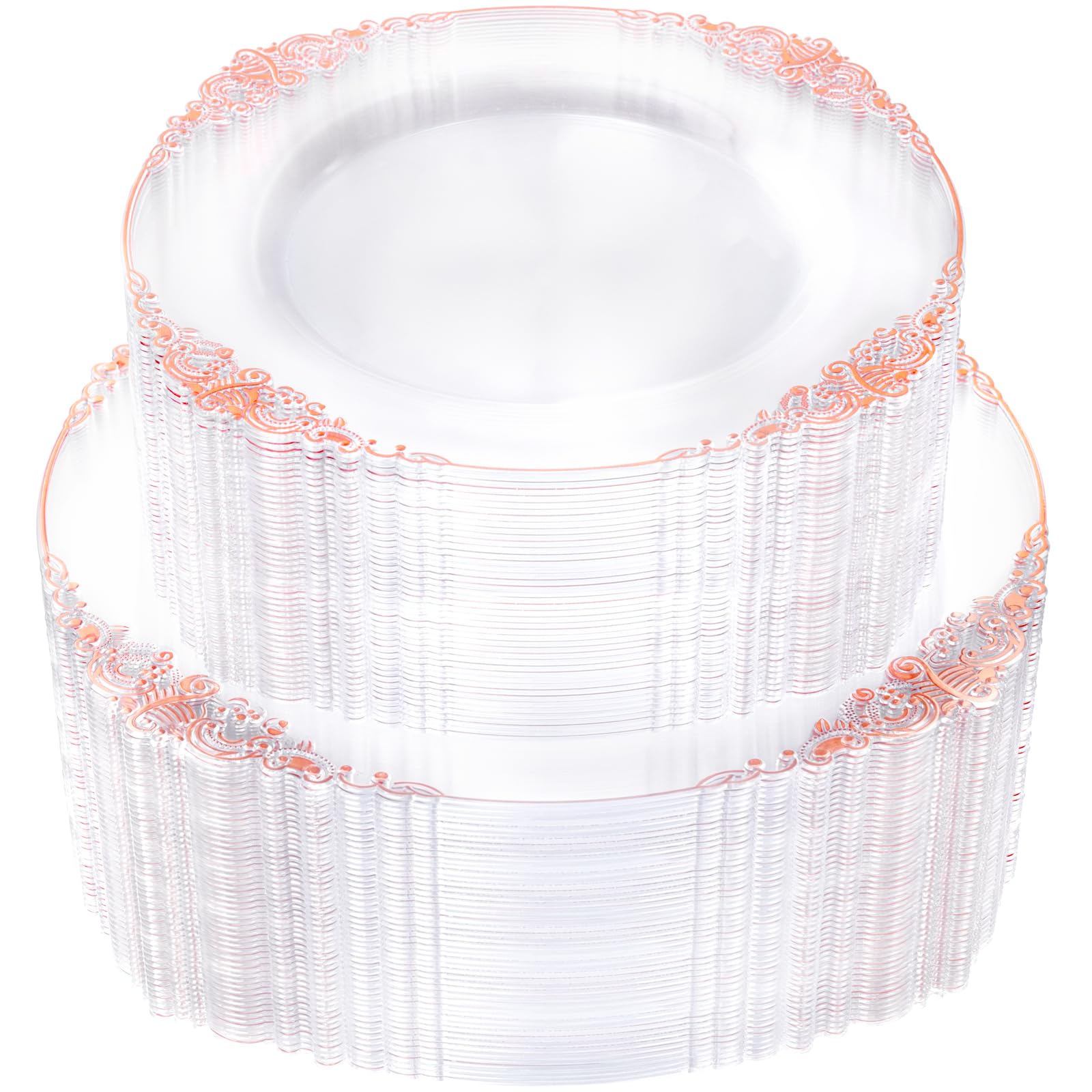 102PCS Rose Gold Plastic Plates - Clear Rose Gold Plate - Heavy Duty Disposable Plates - Fancy Disposable Dinner & Dessert Plate for 51 Guests for Party & Wedding