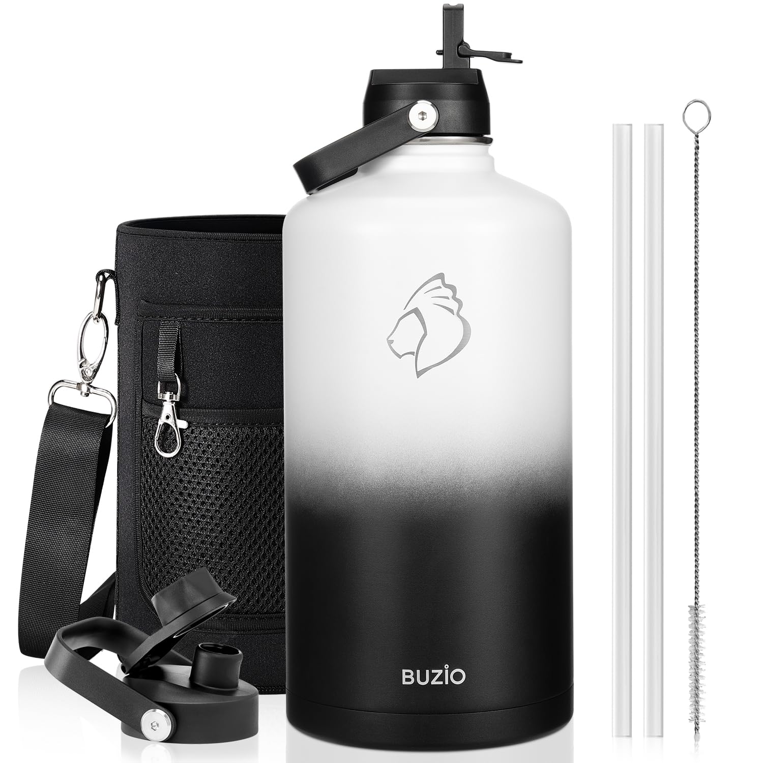 BUZIO 1 Gallon Water Bottle, 128oz Insulated Water Jug Double Walled Vacuum Stainless Steel Travel Flask (Cold for 48 Hrs)