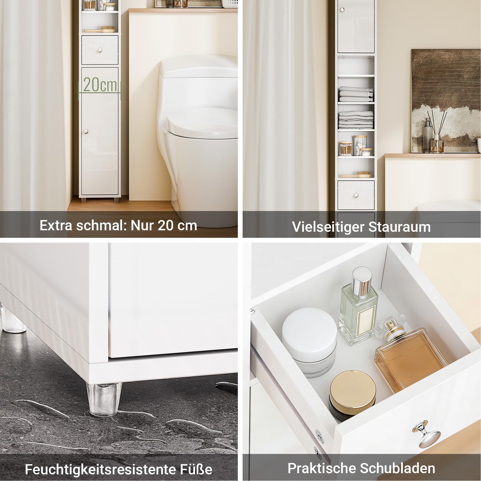 SoBuy Hochglanz Badezimmerschrank Schmal Hochschrank Bad 20x20x180 cm Weiß | Platzsparender Nischenschrank Badezimmer mit Verstellbarem Boden & Schublade BZR167-GW