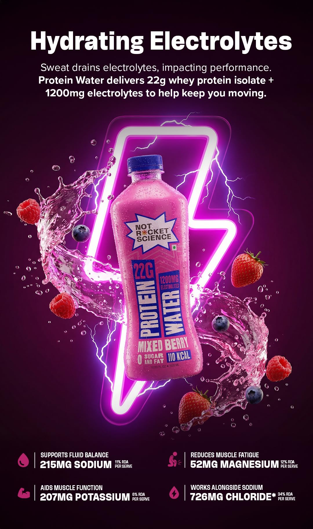 Not Rocket Science Protein Water - Mixed Berry | 22g Clear Whey Protein Isolate | 1200mg Electrolytes | 5g BCAAs | Zero Sugar | High Protein Drink | 500ml Pack of 3 3