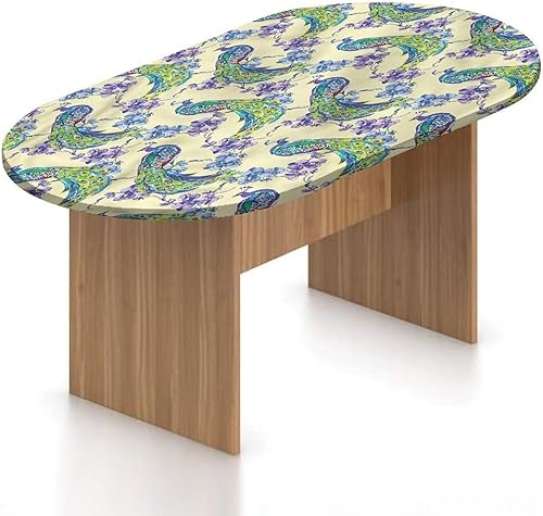 XISUNYA Mantel ovalado ajustable, mantel de poliéster elástico de pavo real, mantel ajustable con estampado de flor de primavera japonesa, se adapta