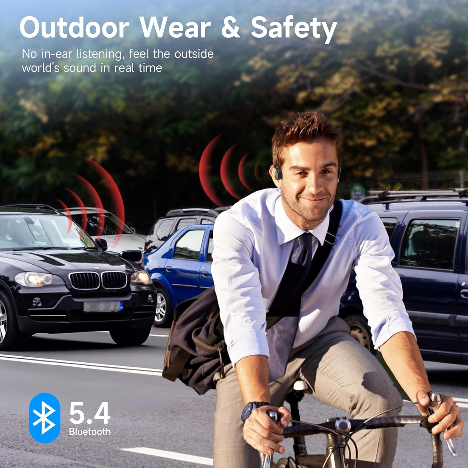 Cyclist wearing LOBKIN X18 headphones, showing outdoor use with Bluetooth 5.4.