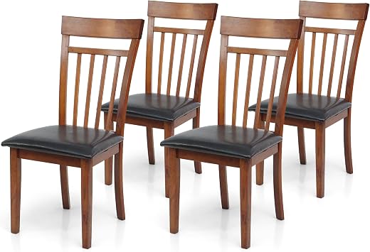 Set of 4 Classic Style Solid Wood Warm Dining Chairs, Kitchen Chairs, Modern Side Chairs, Medium Brown Color w PU Leather Fabric