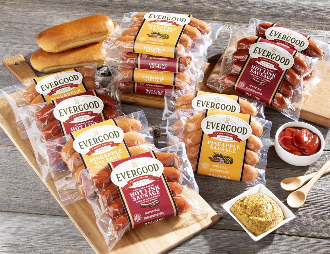 Evergood Sausage Variety Bundle - 12 Packs, Gourmet Beef Sausages, 6 Flavors: Garlic, Pineapple, Hot Link, Mild, Polish, Beef Frankfurter, Naturally Smoked, Grill-Ready, Fully Cooked