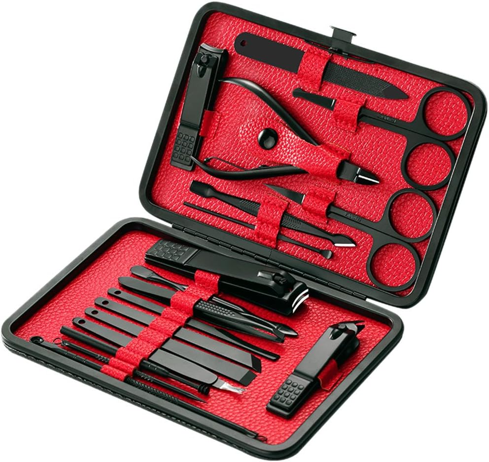Manicure Set,18 In 1 Stainless Steel Professional Pedicure Kit Nail Scissors Grooming Kit with Black Leather Travel Case
