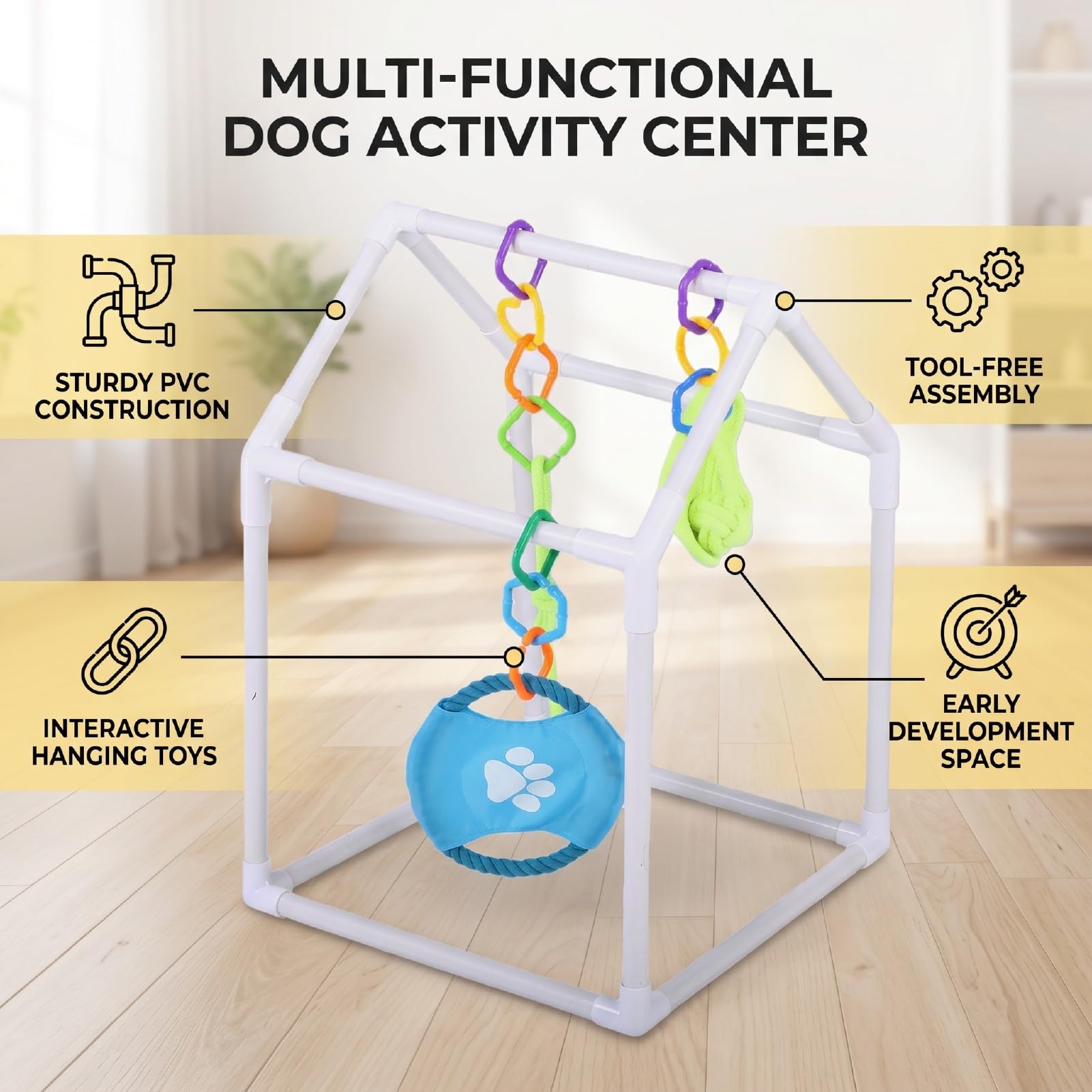 Gimnasio para Perros con Juguetes Colgantes 35x35x35x20 Cm, Marco Extraíble con Juguetes Interactivos para Perros Pequeños, Gatitos para Jugar en Interiores
