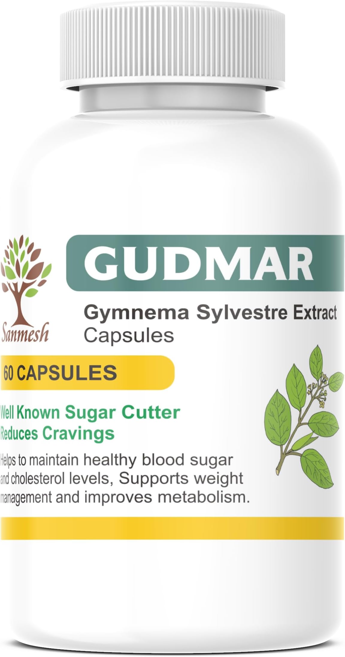 "Gudmar" (Gymnema Sylvestre Extract) Capsules For Endocrine Health & Blood Sugar Levels | 100% Natural, Ayurveda Herb, Dietary, Herbal, Nutrition Supplements | Pack of 1, 60 Capsules, 500mg