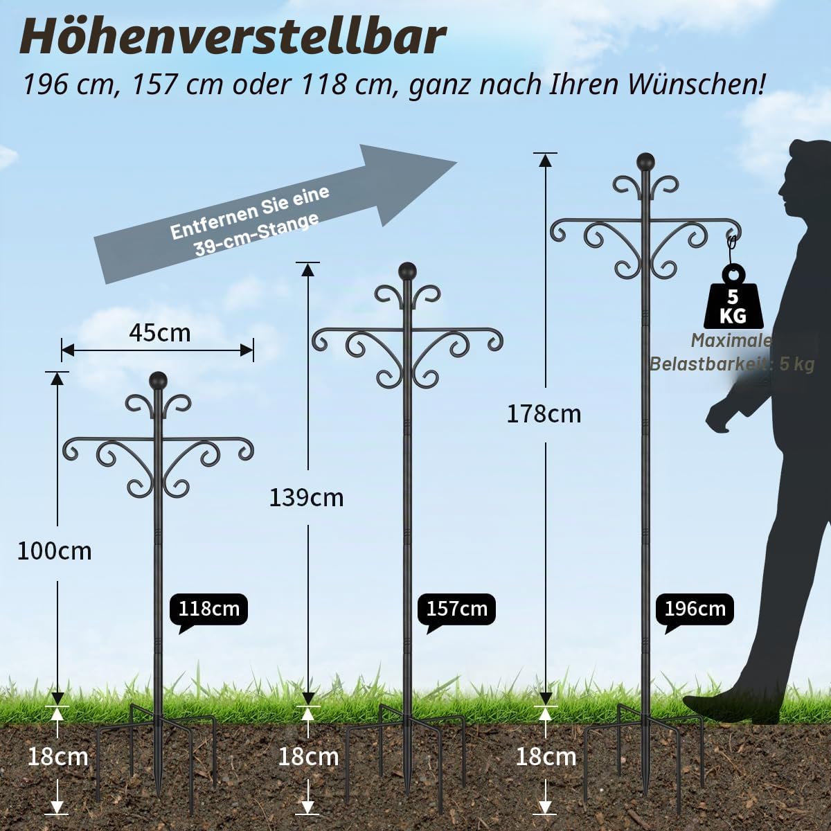 2er-Pack Vogelfutterstation Stange, 196 cm Vogelfutterspender Hängestation, freistehende Futterstation für den Garten, schwere Metall Doppel Shepherds Haken für Lichtständer, Schwarz