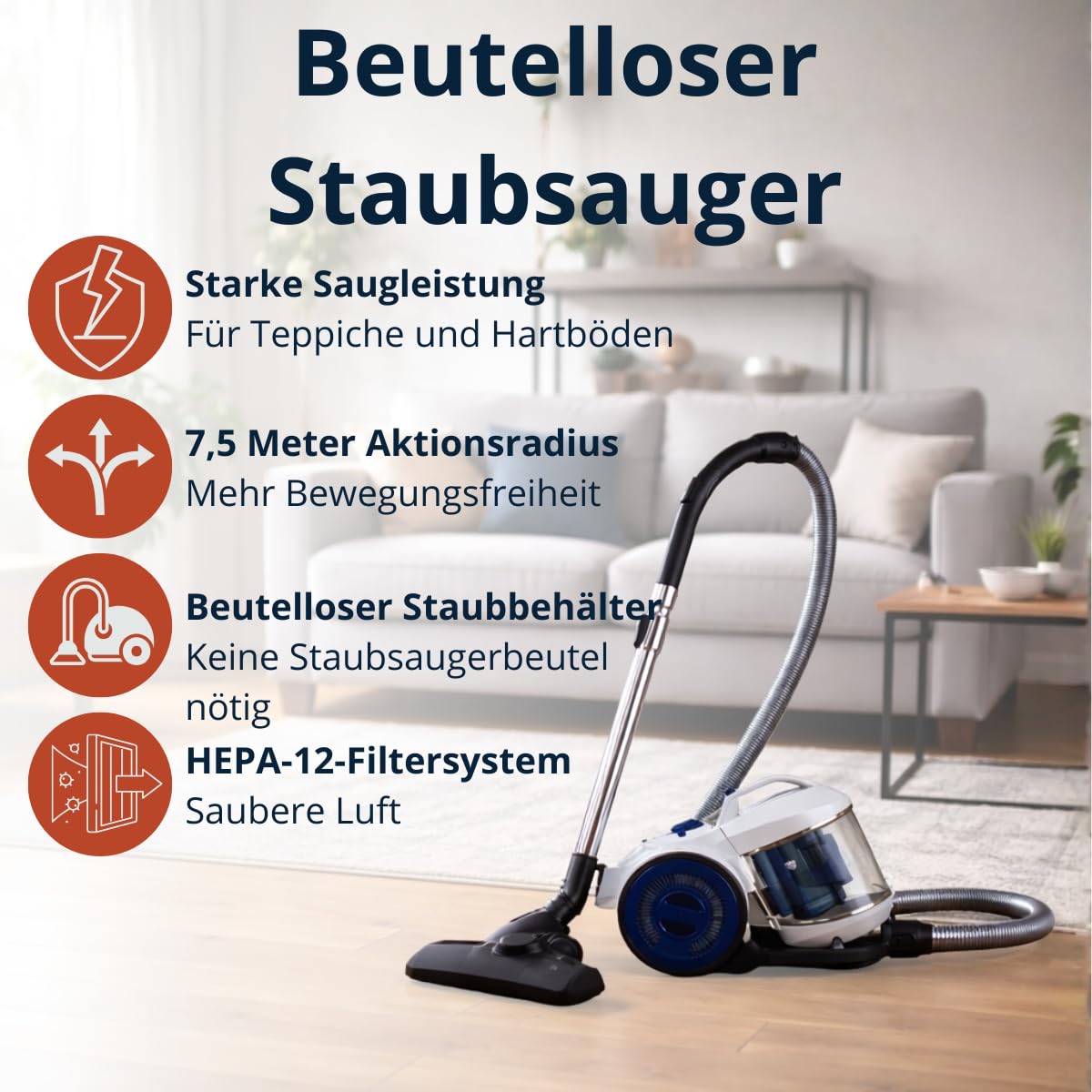 Dirt Devil Staubsauger ohne Beutel DD2503 – Staubsauger 800W HEPA 12 Filter – mit Kombibürste, Fugendüse und Möbelaufsatz – Staubsammelbehälter 2,2 l, Ot Weiß