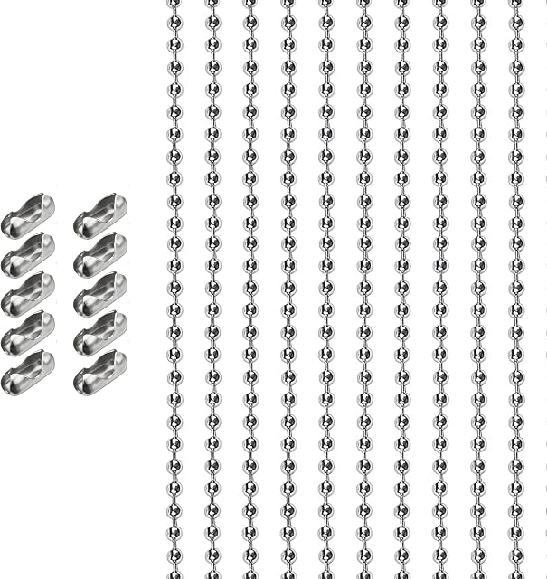 5 Metre Extra Fine Metal Ball Chain (1.3mm) with 20 Connectors for Jewellery Making, Pendant Hanging, Key Rings, Clothing Tags, Craft
