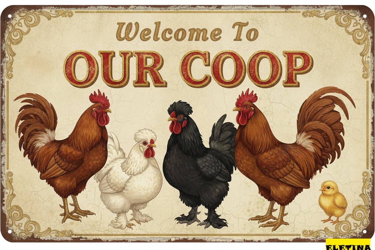 Welcome To Our Coop Chicken Tin Sign, 8x12 Inch Decor