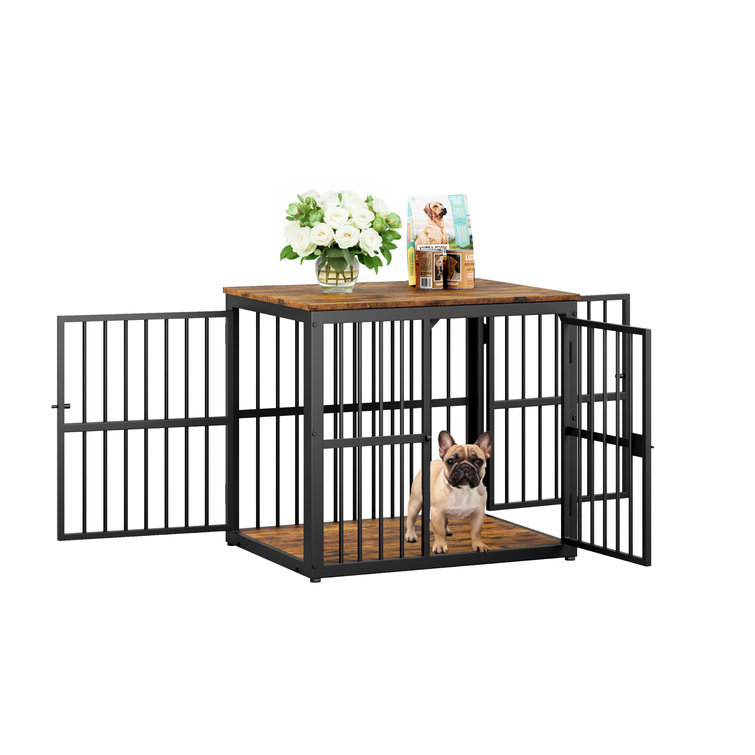 MURUL Hundekäfig Möbel, Modular & Stapelbar, 3 Türen, Wasserfeste Tischplatte, Beistelltisch & Nachttisch, Retro-Braun/Schwarz