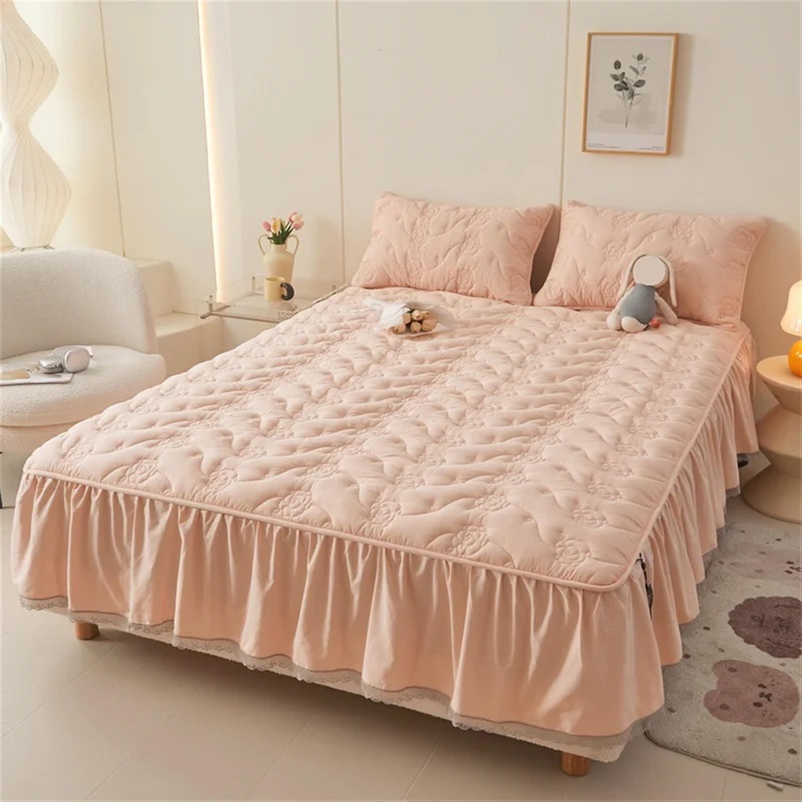 Gonna letto con balza Copriletto Lenzuola matrimoniali in cotone Gonna letto Lenzuolo con angoli elasticizzati Copriletto Coprimaterasso(Color1,180x200cm)