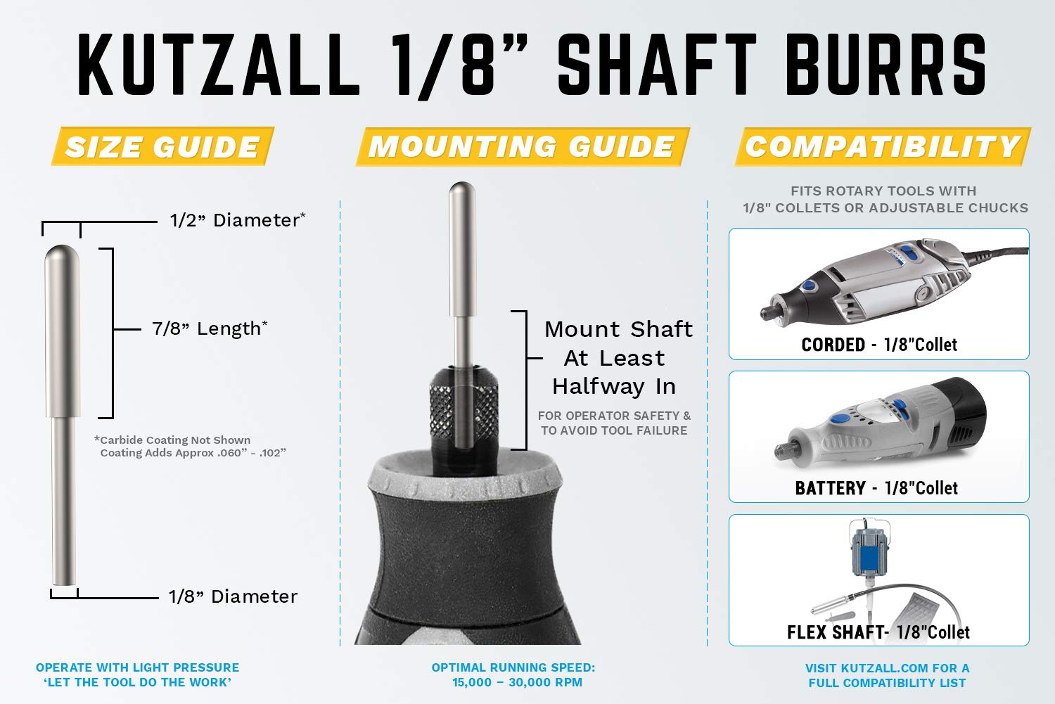 Kutzall Extrem Kugelkopffräser, 1⁄8" Shaft, Sehr Grob - Holzbearbeitungsaufsatz für Dremel, Foredom, DeWalt, Milwaukee. Schleifmittel Wolframkarbid 1⁄8" (3,1mm) Dia. X 7⁄8" (22.2mm) Länge, BNX-18-EC