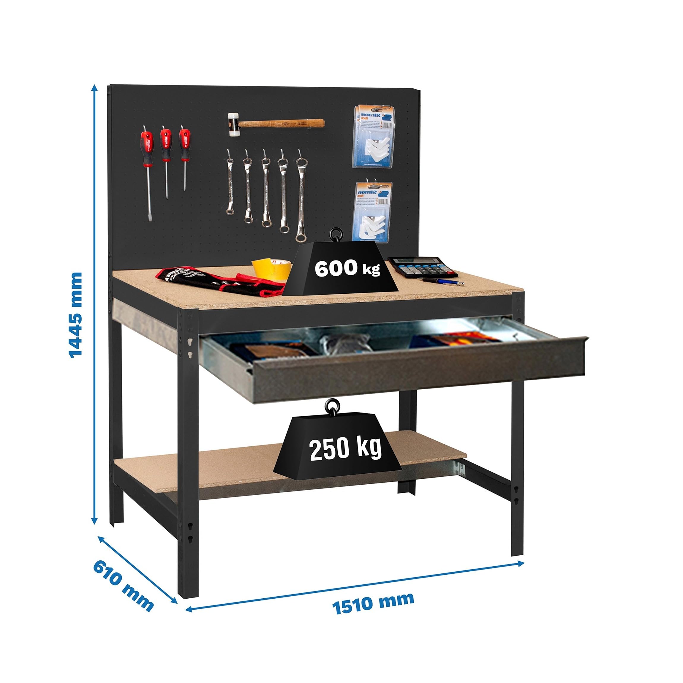 Simon Rack Banco de Trabajo con Panel Perforado y cajón 1510x610 mm - BT2 | Panel Perforado y Cajón, Tablero madera 16 mm, Capacidad Carga 600 kg, Antracita , Pintura anticorrosión