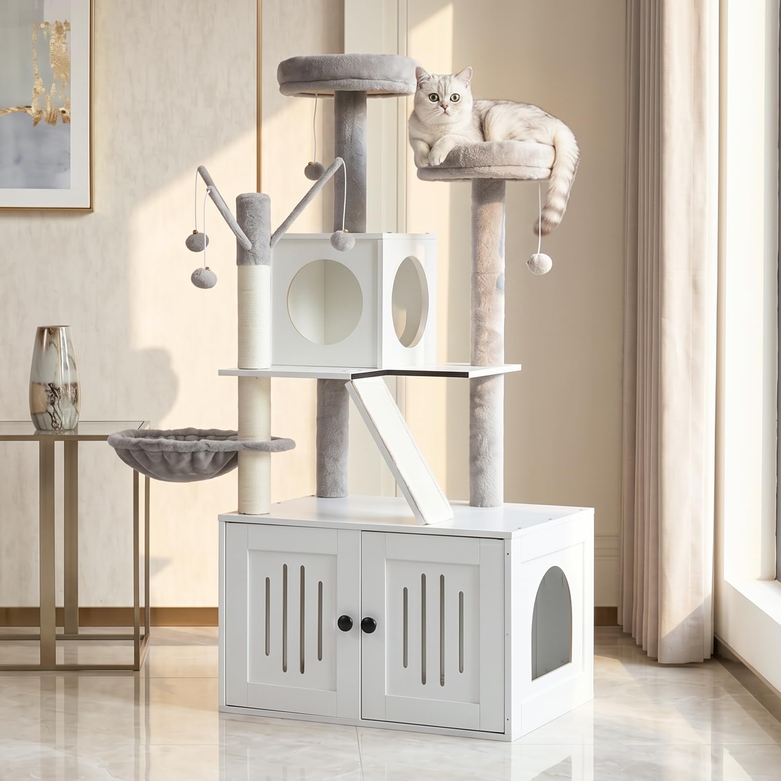 LEADZM Kratzbaum mit Katzenklo-Schrank, 137 cm hoch, 2-in-1 Katzenbaum, Multifunktionaler Katzenkratzbaum - Mit Sisalsäule und Plüschball, Mehrere Farben erhältlich (Weiß)