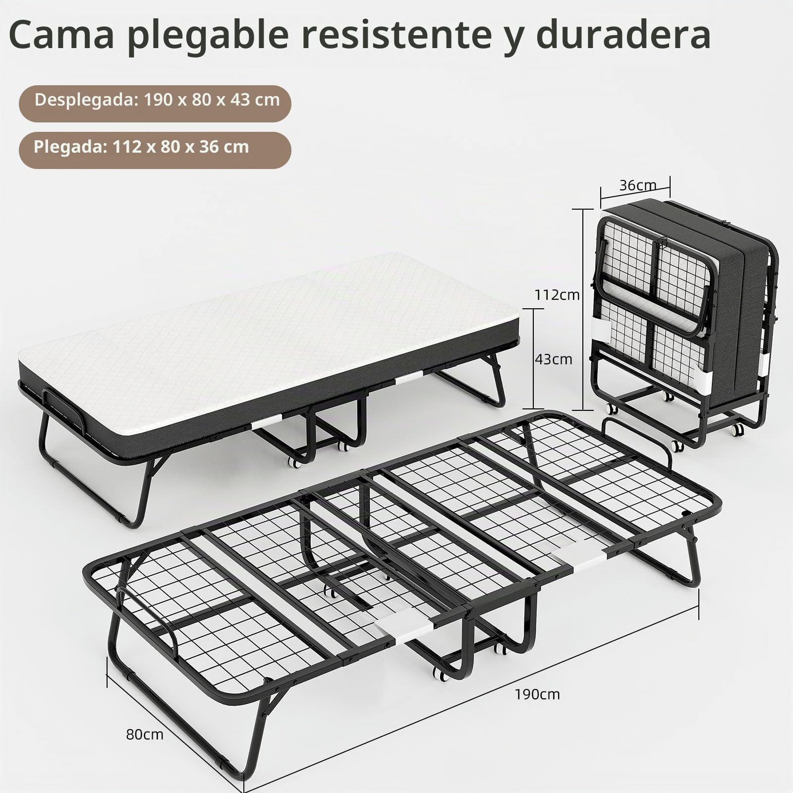 Cama plegable para adultos, 80 x 190 cm, cama plegable para adultos, con colchón de espuma de 13 cm, cama supletoria plegable con 4 ruedas y somier de láminas de metal para invitados, carga 200 kg