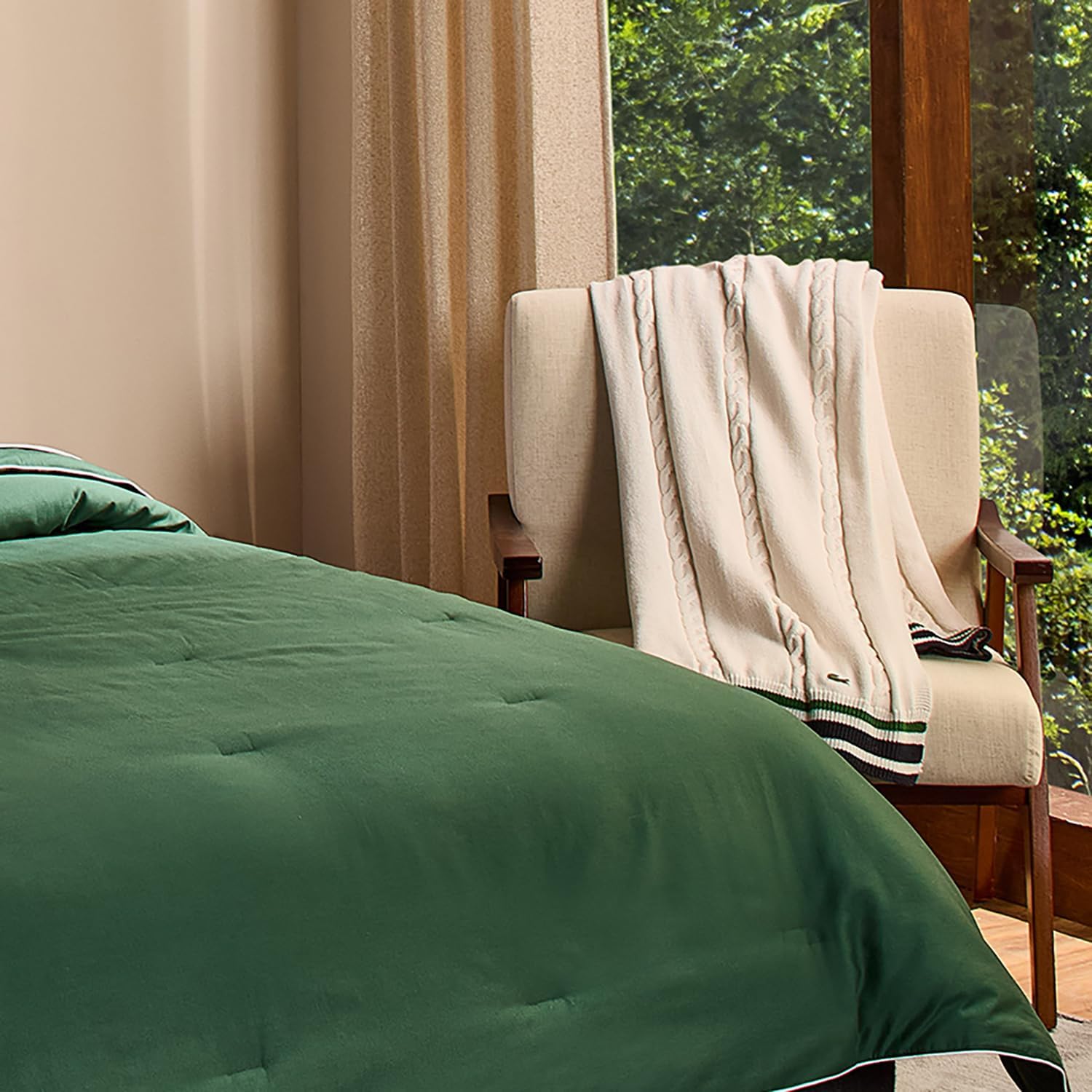 Lacoste 50" x 70" Cable Knit Throw Blanket Cotton, Ultra Soft Cozy & Warm Textured Sweater Knit, Luxury Home Decor for Bed, Sofa, Chair, and Couch, Embroidered Crocodile Logo, Ivory